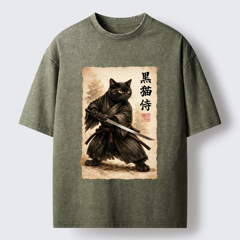 Tokyo-Tiger Black Cat Samurai Warrior Art Washed T-Shirt