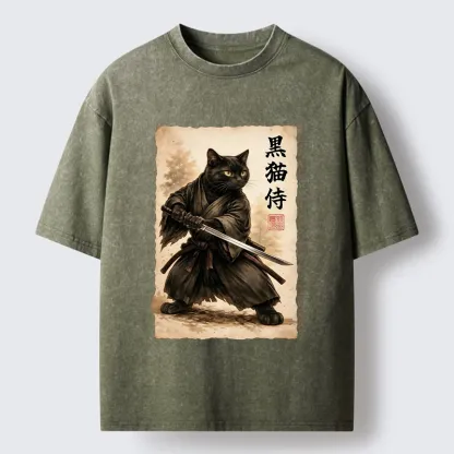 Tokyo-Tiger Black Cat Samurai Warrior Art Washed T-Shirt