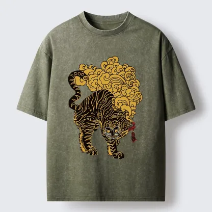 Tokyo-Tiger Black And Gold Tiger With Clouds Washed T-Shirt