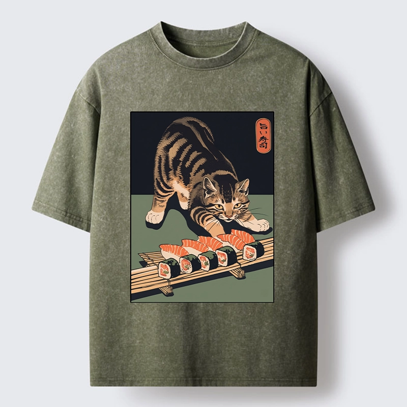 Tokyo-Tiger Cat Trying To Steal Sushi Washed T-Shirt