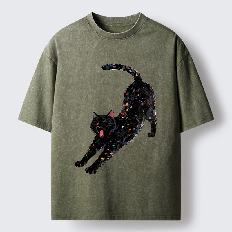 Tokyo-Tiger Dreamy Black Cat Yawning And Stretching Washed T-Shirt