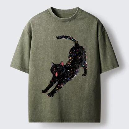 Tokyo-Tiger Dreamy Black Cat Yawning And Stretching Washed T-Shirt