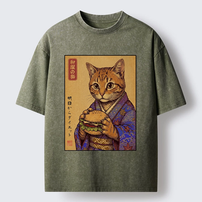 Tokyo-Tiger Kimono Cat Eating A Burger Washed T-Shirt