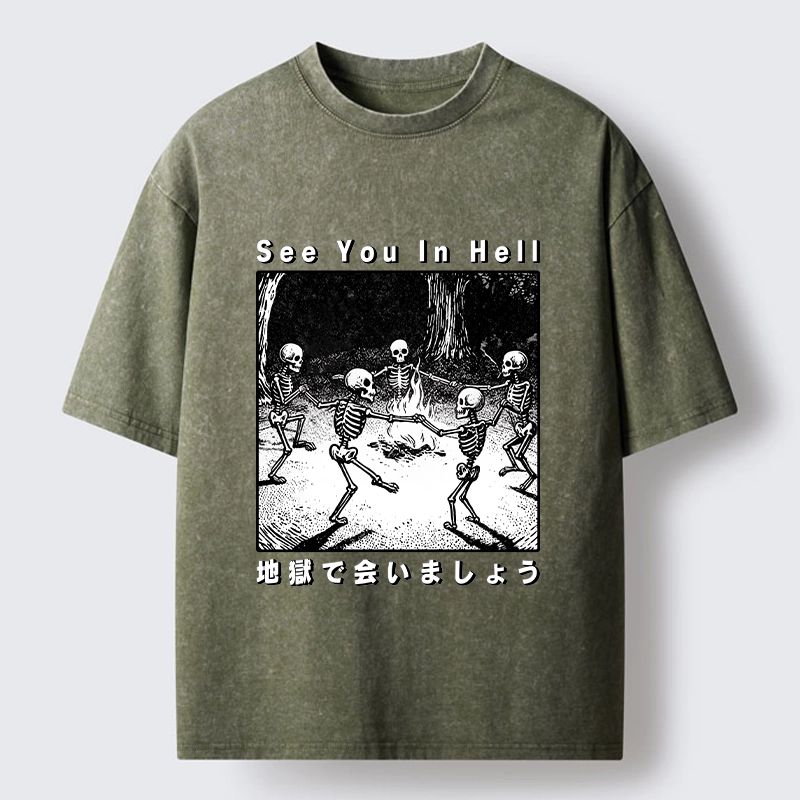 Tokyo-Tiger Funny Skeleton Hell Party Washed T-Shirt