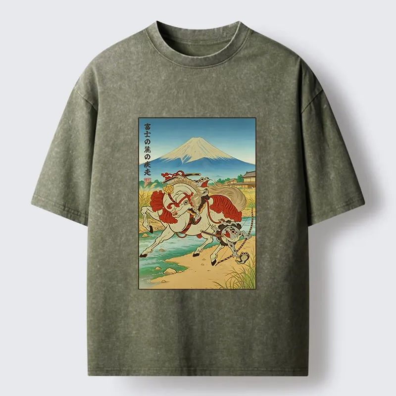 Tokyo-Tiger Samurai Frog Under Mount Fuji Washed T-Shirt