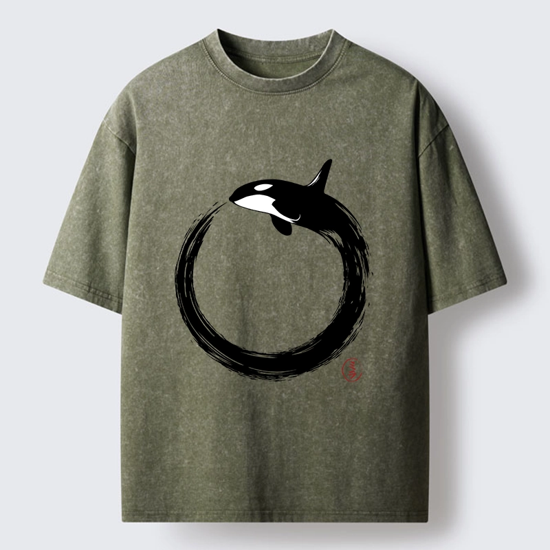 Tokyo-Tiger Orca In Black Ink Circle Washed T-Shirt