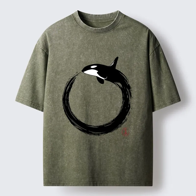 Tokyo-Tiger Orca In Black Ink Circle Washed T-Shirt