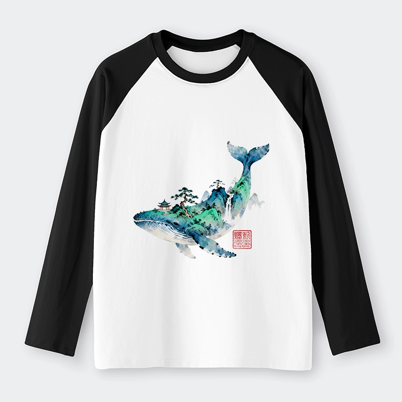 Tokyo-Tiger Whale Ink Painting Landscape Raglan Long Sleeve T-shirt