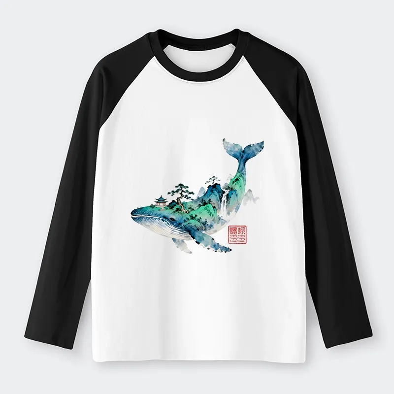 Tokyo-Tiger Whale Ink Painting Landscape Raglan Long Sleeve T-shirt Sale