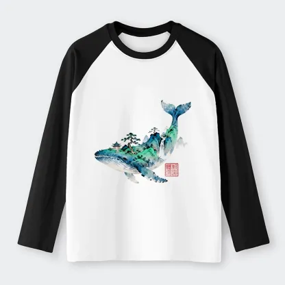 Tokyo-Tiger Whale Ink Painting Landscape Raglan Long Sleeve T-shirt