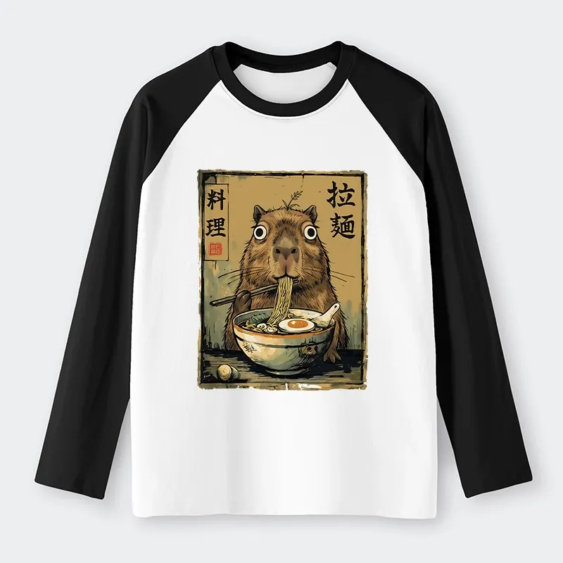 Tokyo-Tiger Cute Capybara Eating Ramen Raglan Long Sleeve T-shirt