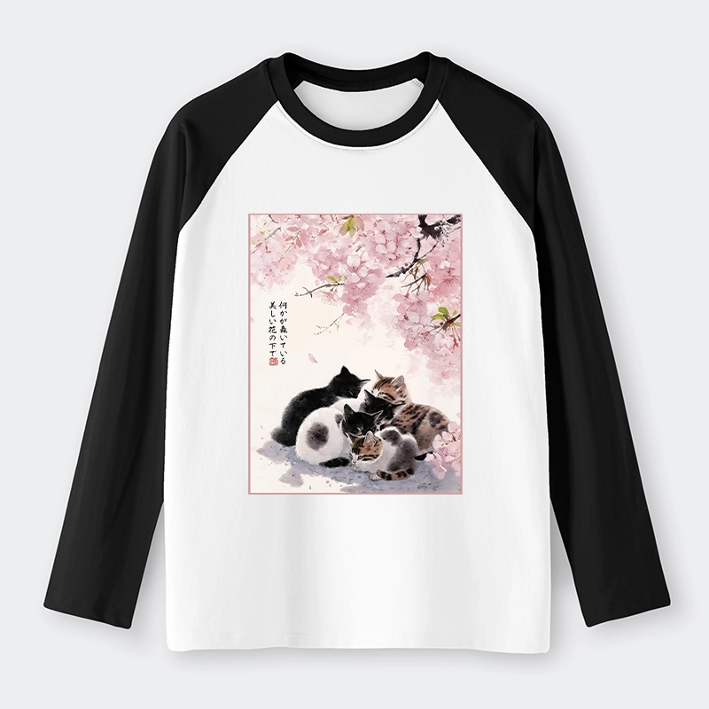 Tokyo-Tiger Cute Cats Sakura Garden Raglan Long Sleeve T-shirt
