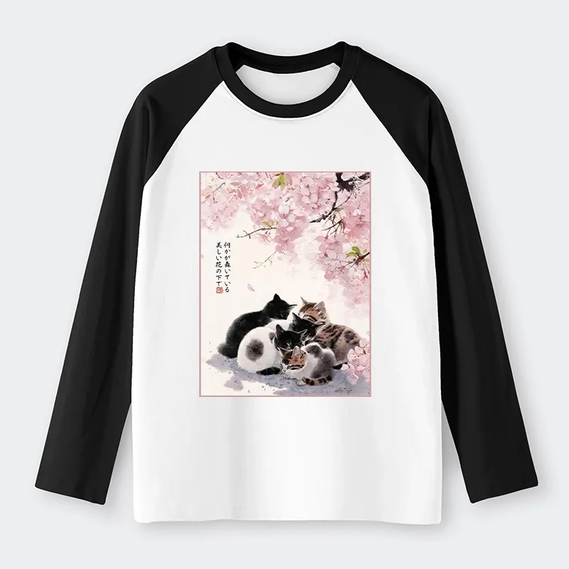 Tokyo-Tiger Cute Cats Sakura Garden Raglan Long Sleeve T-shirt