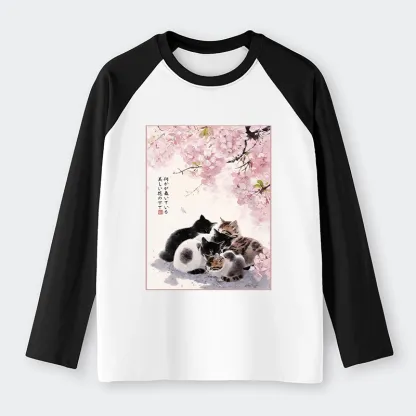 Tokyo-Tiger Cute Cats Sakura Garden Raglan Long Sleeve T-shirt