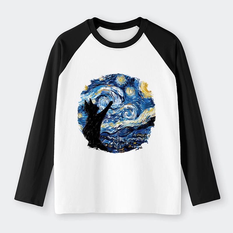 Tokyo-Tiger Starry Night Black Cat Raglan Long Sleeve T-shirt