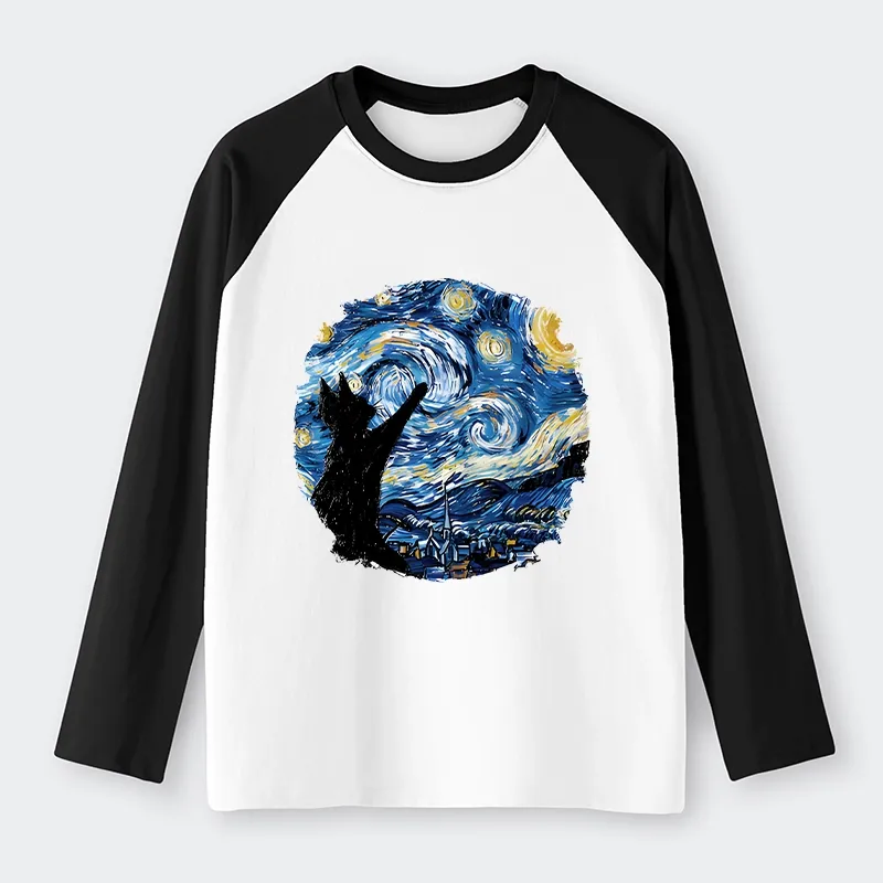 Tokyo-Tiger Starry Night Black Cat Raglan Long Sleeve T-shirt