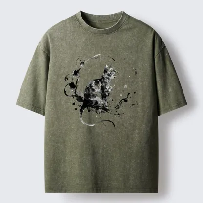 Tokyo-Tiger Ink Cat Washed T-Shirt