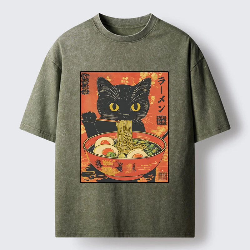 Tokyo-Tiger Hungry Black Cat Loves Ramen Washed T-Shirt