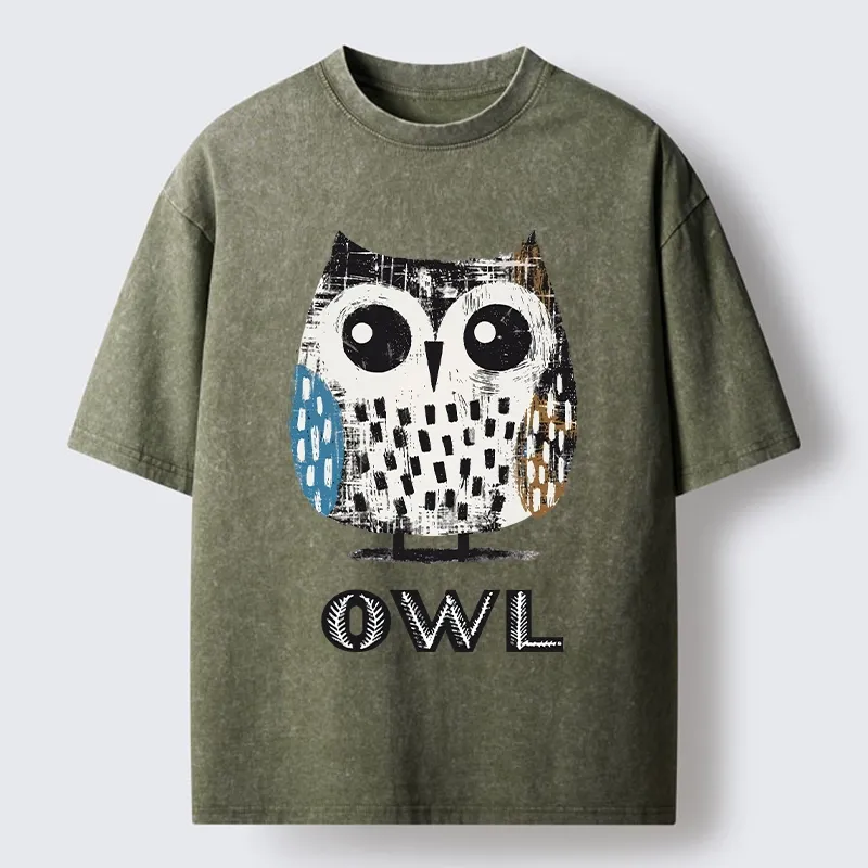 Tokyo-Tiger Minimalist Owl Illustration Print Washed T-Shirt