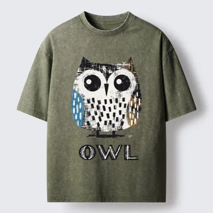 Tokyo-Tiger Minimalist Owl Illustration Print Washed T-Shirt