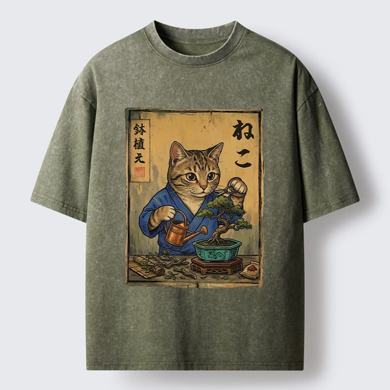 Tokyo-Tiger Cat Mastering Bonsai Art Washed T-Shirt