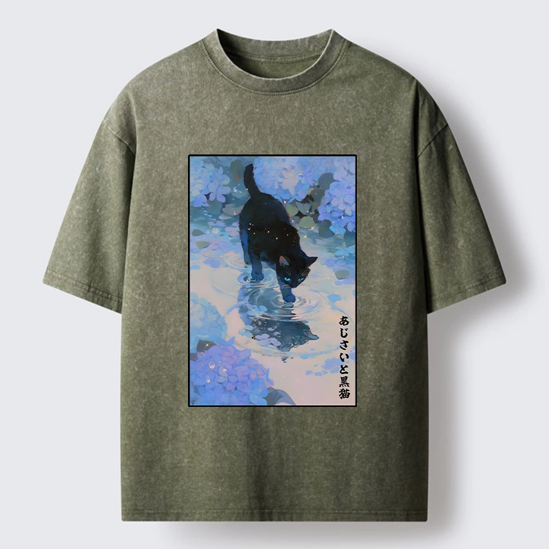 Tokyo-Tiger Midnight Cat In The Blue Rain Washed T-Shirt