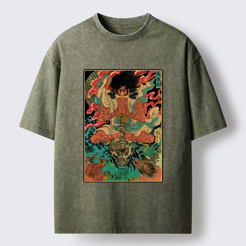 Tokyo-Tiger Classic Japanese Oni Painting Washed T-Shirt