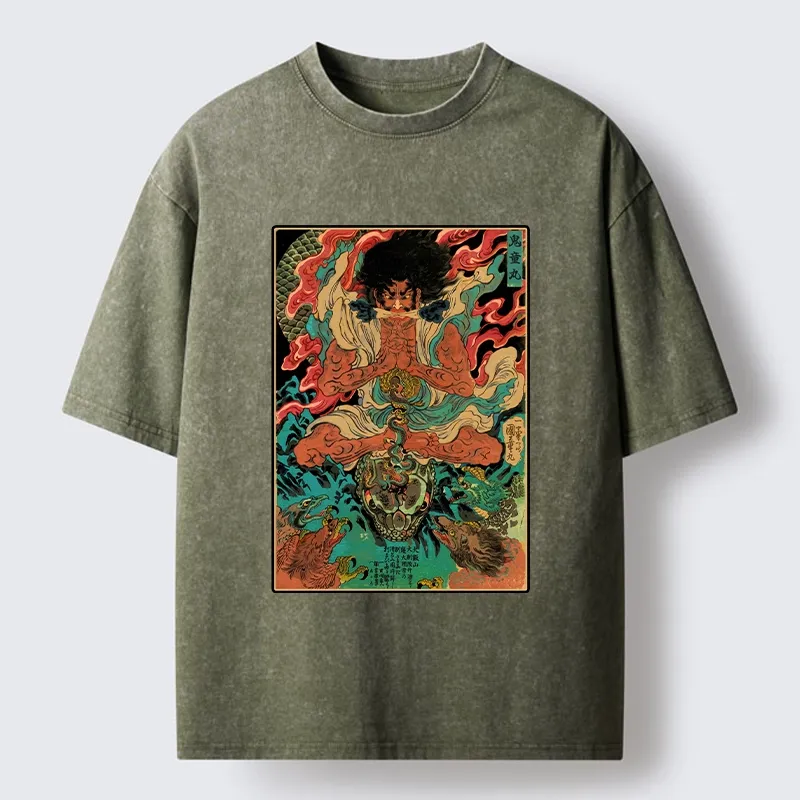 Tokyo-Tiger Classic Japanese Oni Painting Washed T-Shirt