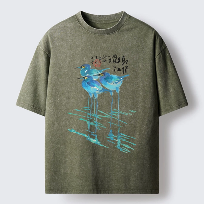 Tokyo-Tiger Watercolor Herons In Reeds Washed T-Shirt