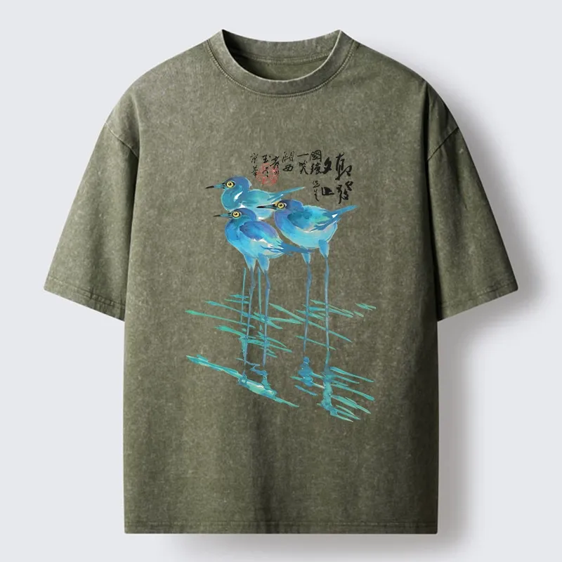 Tokyo-Tiger Watercolor Herons In Reeds Washed T-Shirt