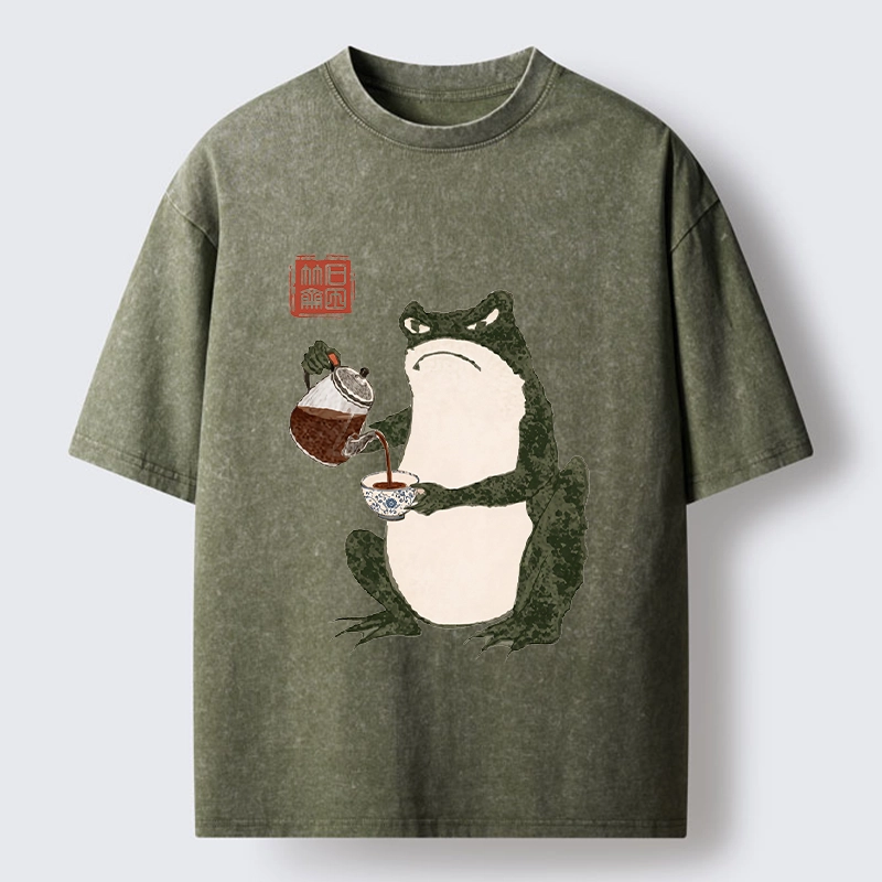 Tokyo-Tiger Frog With A Serious Tea Break Washed T-Shirt