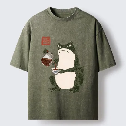 Tokyo-Tiger Frog With A Serious Tea Break Washed T-Shirt