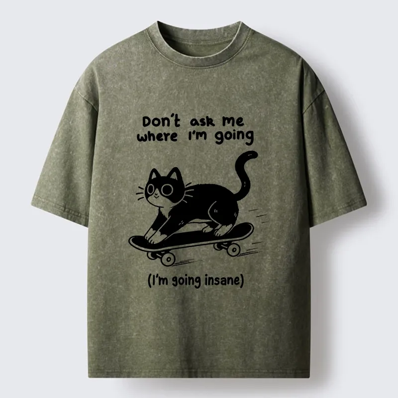 Tokyo-Tiger Black Cat Skating Away From Sanity Washed T-Shirt