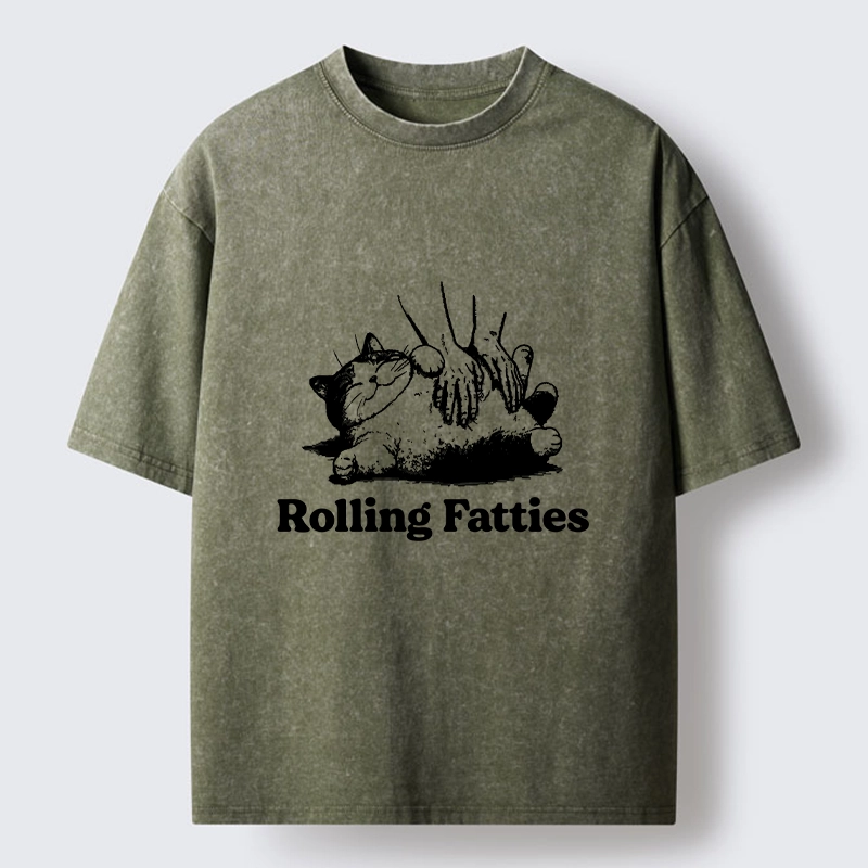 Tokyo-Tiger Rolling Fatties Cat Massage Meme Washed T-Shirt