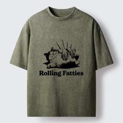 Tokyo-Tiger Rolling Fatties Cat Massage Meme Washed T-Shirt