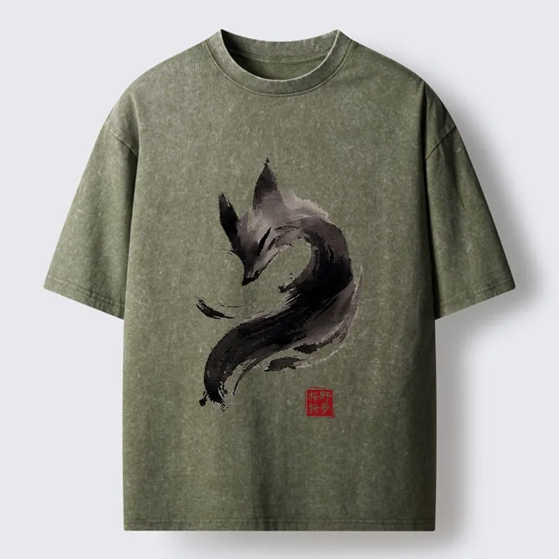 Tokyo-Tiger Japanese Ink Wash Fox Art Washed T-Shirt