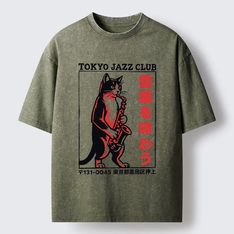 Tokyo-Tiger Retro Jazz Cat Poster Washed T-Shirt