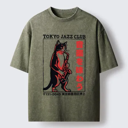 Tokyo-Tiger Retro Jazz Cat Poster Washed T-Shirt
