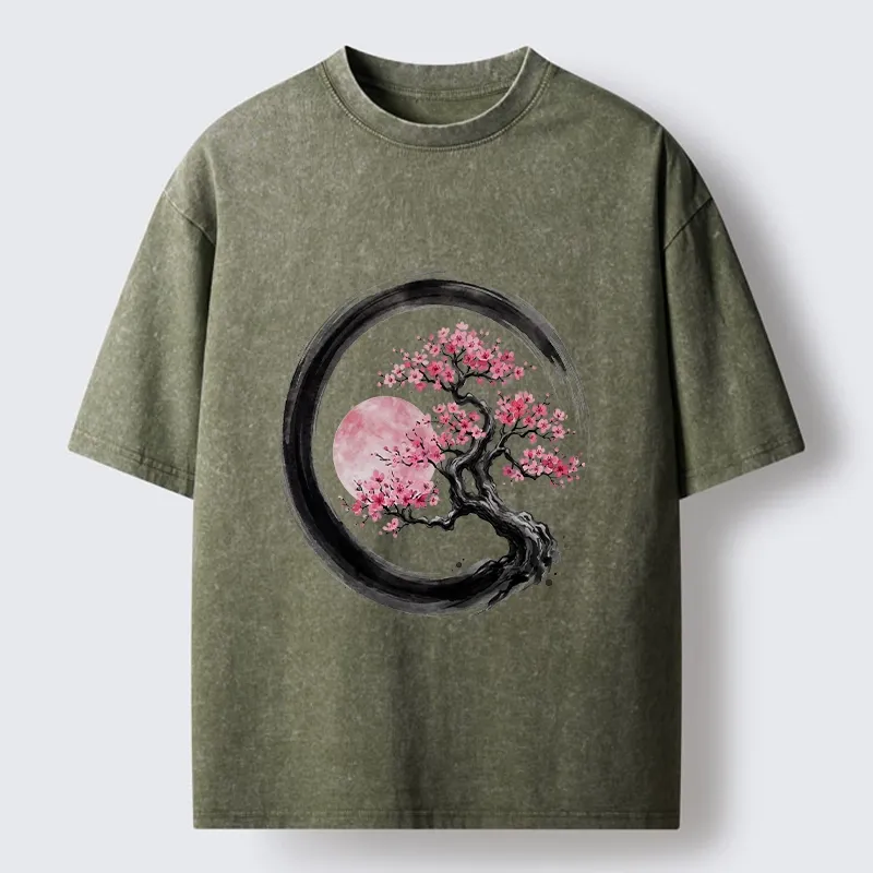 Tokyo-Tiger Zen Sakura Tree With Pink Moon Washed T-Shirt