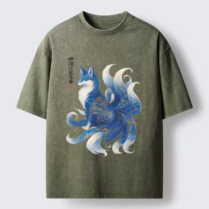 Tokyo-Tiger Serene Fox In Japanese Ink Style Washed T-Shirt