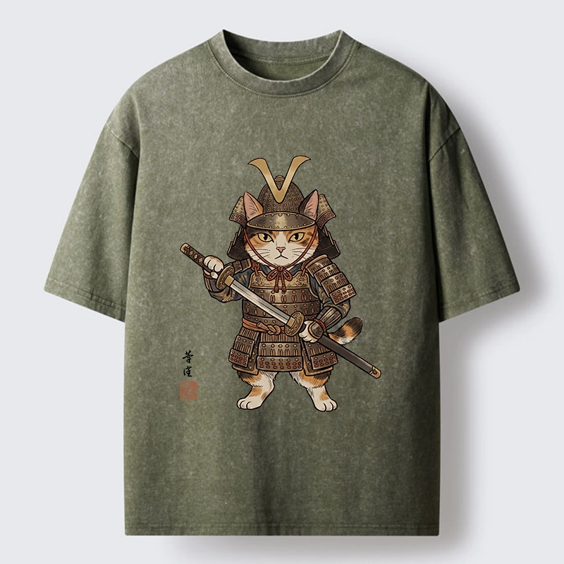 Tokyo-Tiger Samurai Cat With Katana Sword Washed T-Shirt