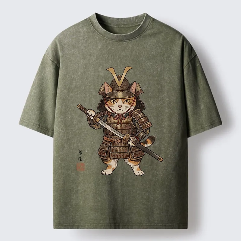Tokyo-Tiger Samurai Cat With Katana Sword Washed T-Shirt