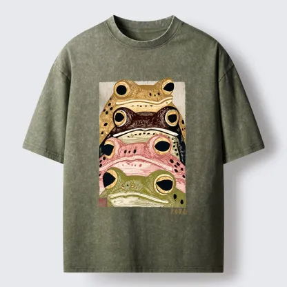 Tokyo-Tiger Whimsical Multi Colored Frog Art Washed T-Shirt