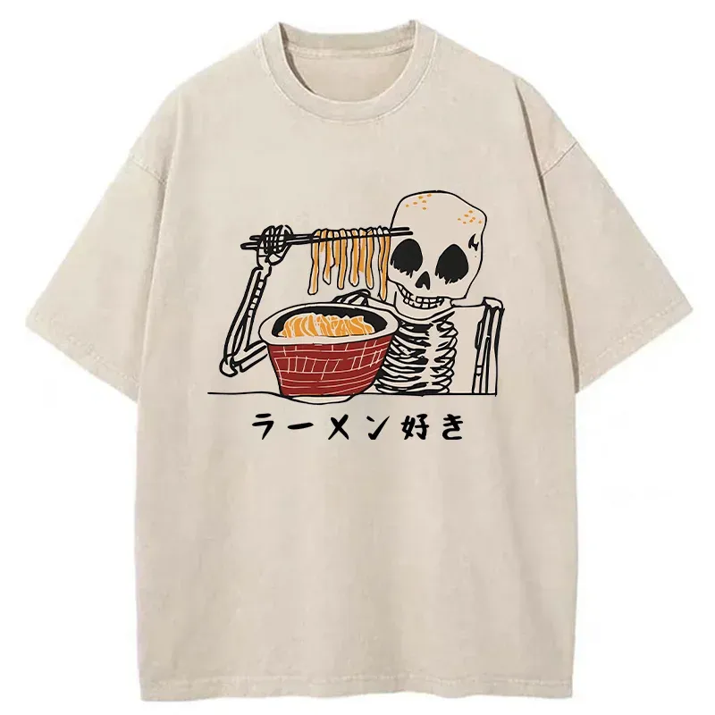 Tokyo-Tiger Skeleton Eating Ramen Washed T-Shirt
