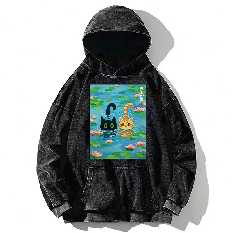 Tokyo-Tiger Cats In The Lotus Pond Washed Hoodie