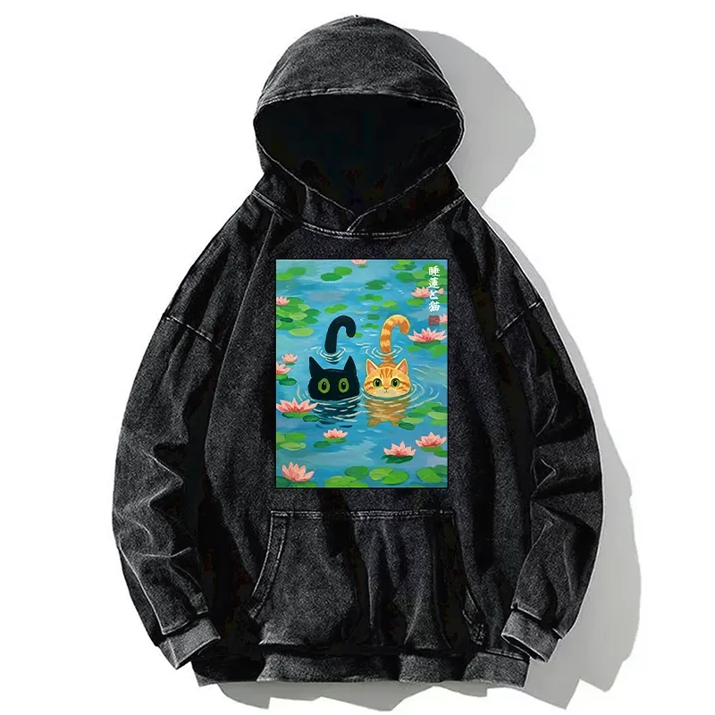 Tokyo-Tiger Cats In The Lotus Pond Washed Hoodie