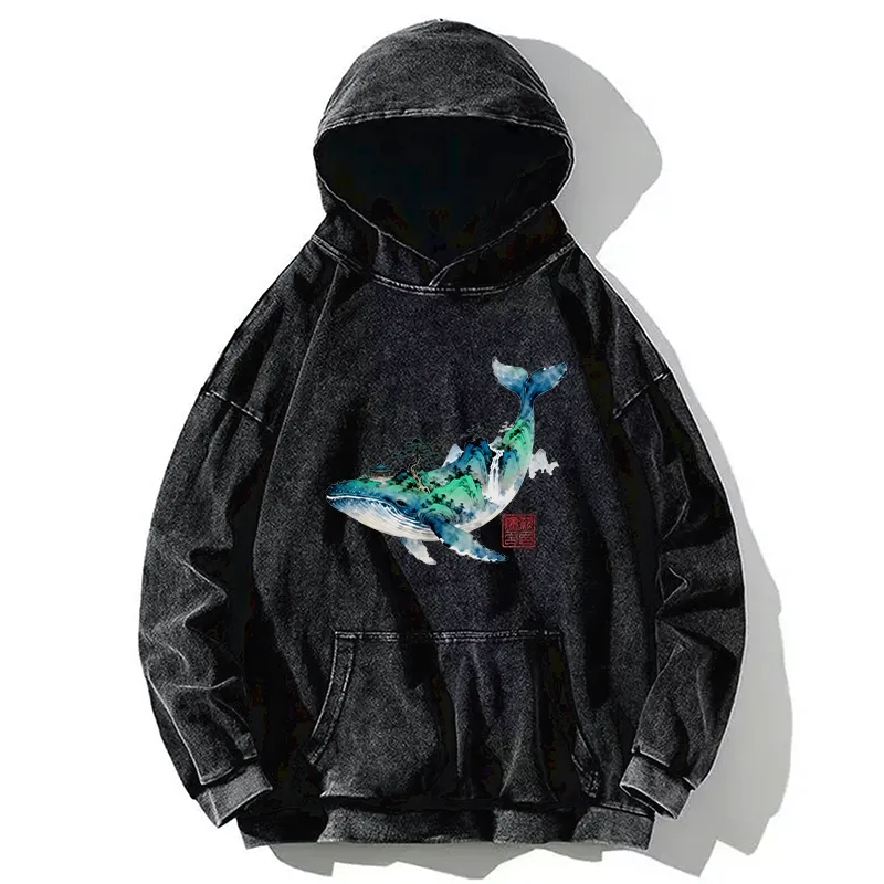 Tokyo-Tiger Whale Ink Painting Landscape Washed Hoodie