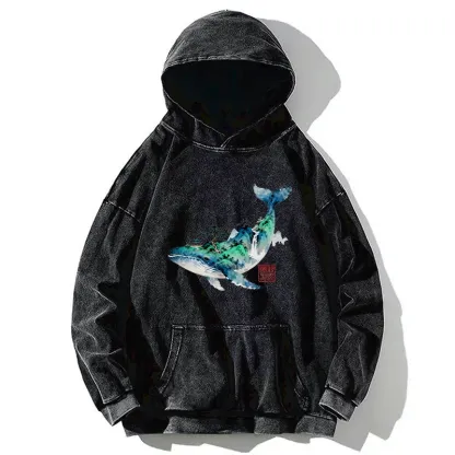 Tokyo-Tiger Whale Ink Painting Landscape Washed Hoodie