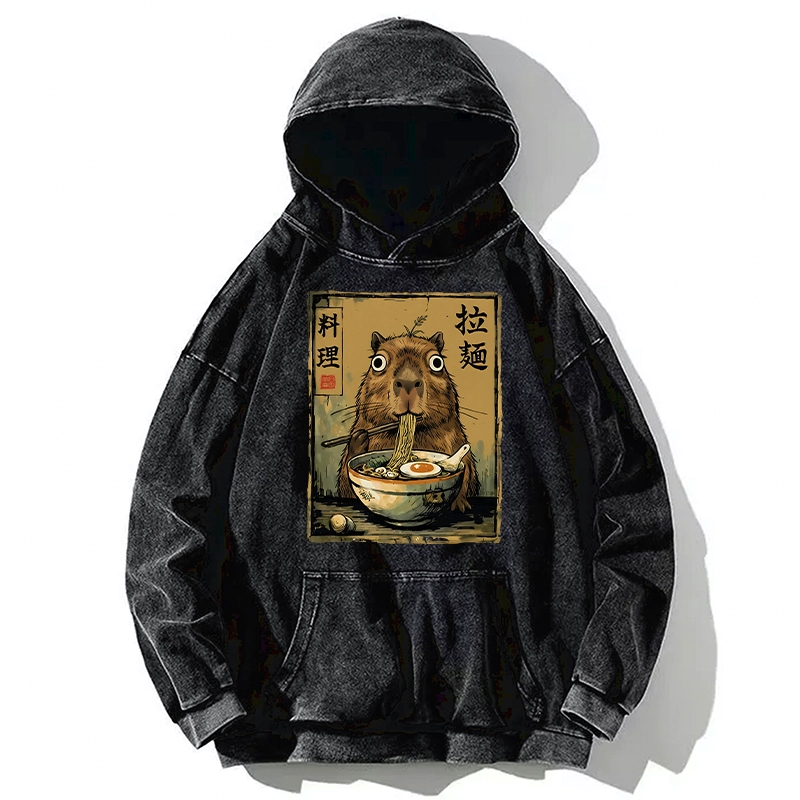 Tokyo-Tiger Cute Capybara Eating Ramen Washed Hoodie