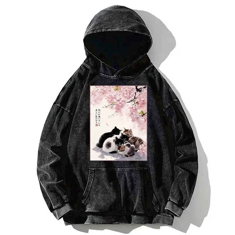 Tokyo-Tiger Cute Cats Sakura Garden Washed Hoodie Sale